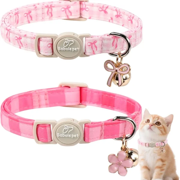 2 Pack Pink Cat Collars with Bell, Bow, Flower Pendant - Adjustable