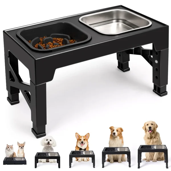 Elevated Slow Feeder Food & Water Bowls with Foldable Stand