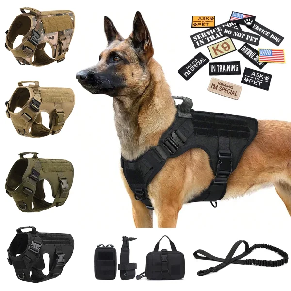 Military Dog Harness Collar, Leash, Bags and Patches Set