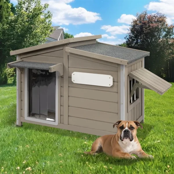 Large Outdoor Wooden Dog House, Weatherproof  with Adjustable Vent Windows, Alloy Chew-Resistant Frame, Removable Floor