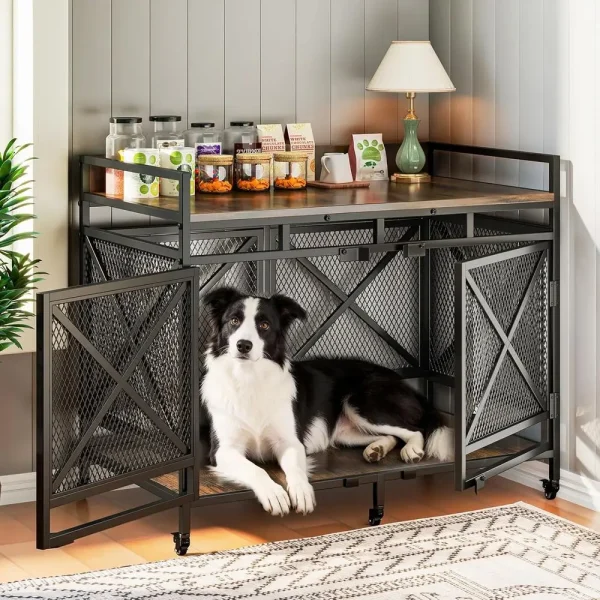 48 Inch Dog Crate Furniture with Wheels, Heavy Duty